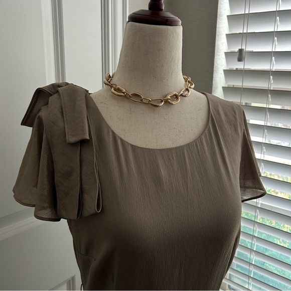 Antonio Melani Gold Shimmer Party Dress with Shoulder Ribbon Details - Picture 2 of 7